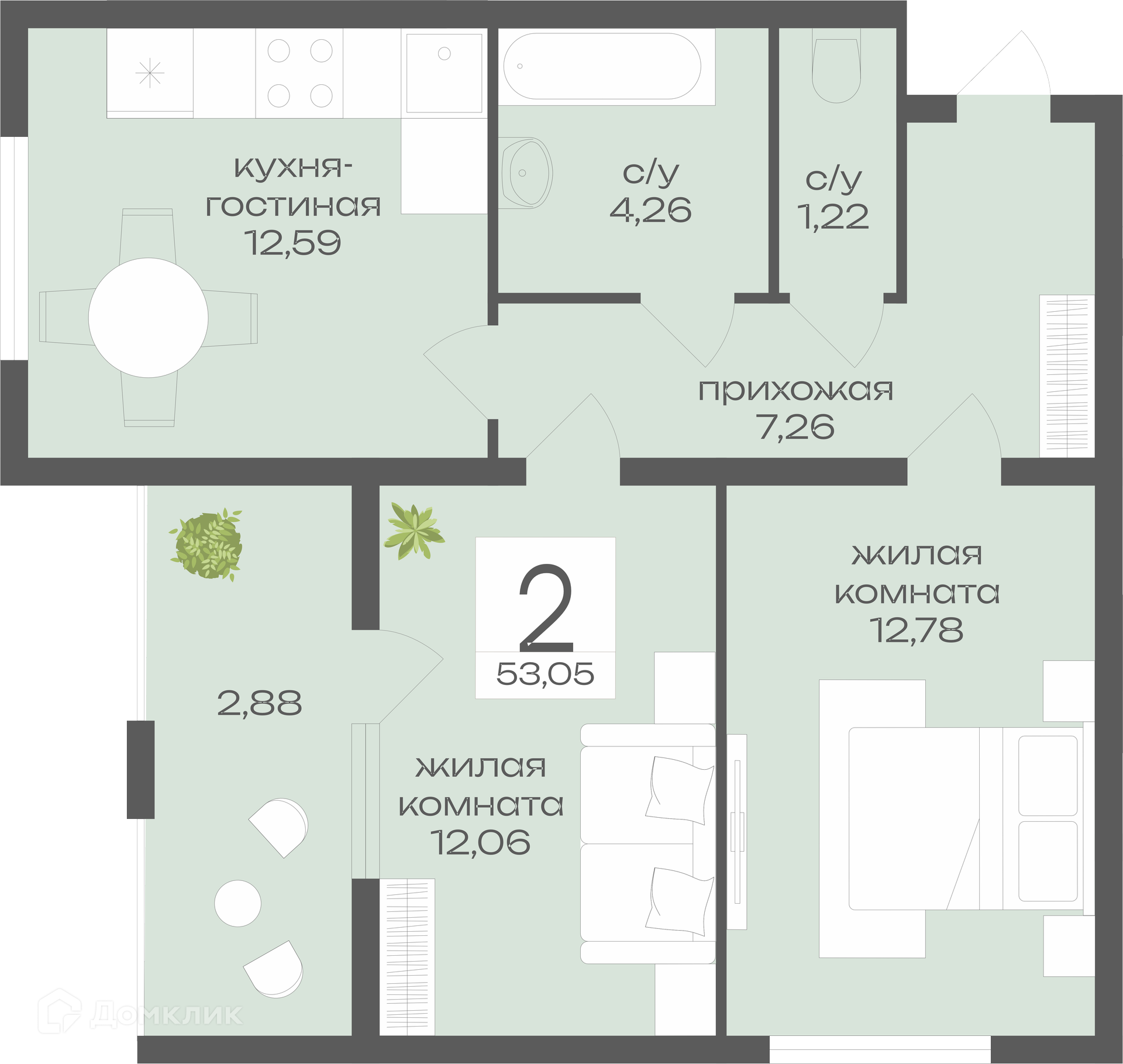 Планировка 2-комн. в ЖК «Дом у Ротонды»