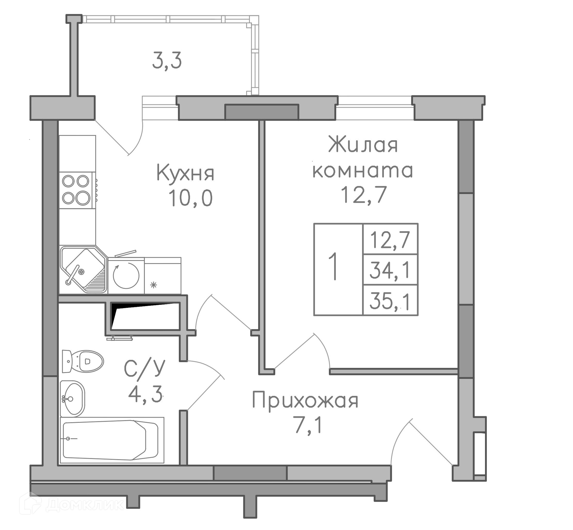 Планировка 1-комн. в ЖК «Поколение»