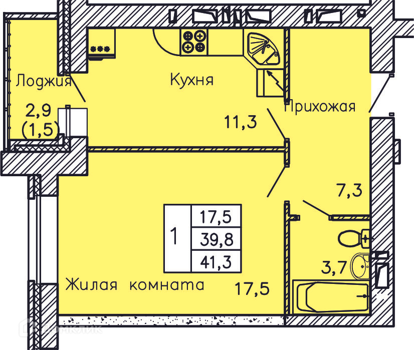 Планировка 1-комн. в ЖК «Перемена»