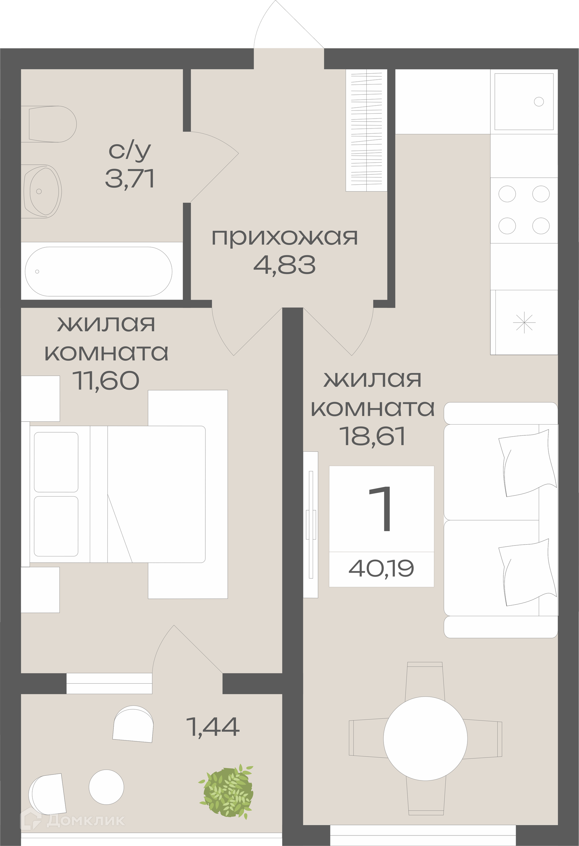 Планировка 1-комн. в ЖК «Дом у Ротонды»