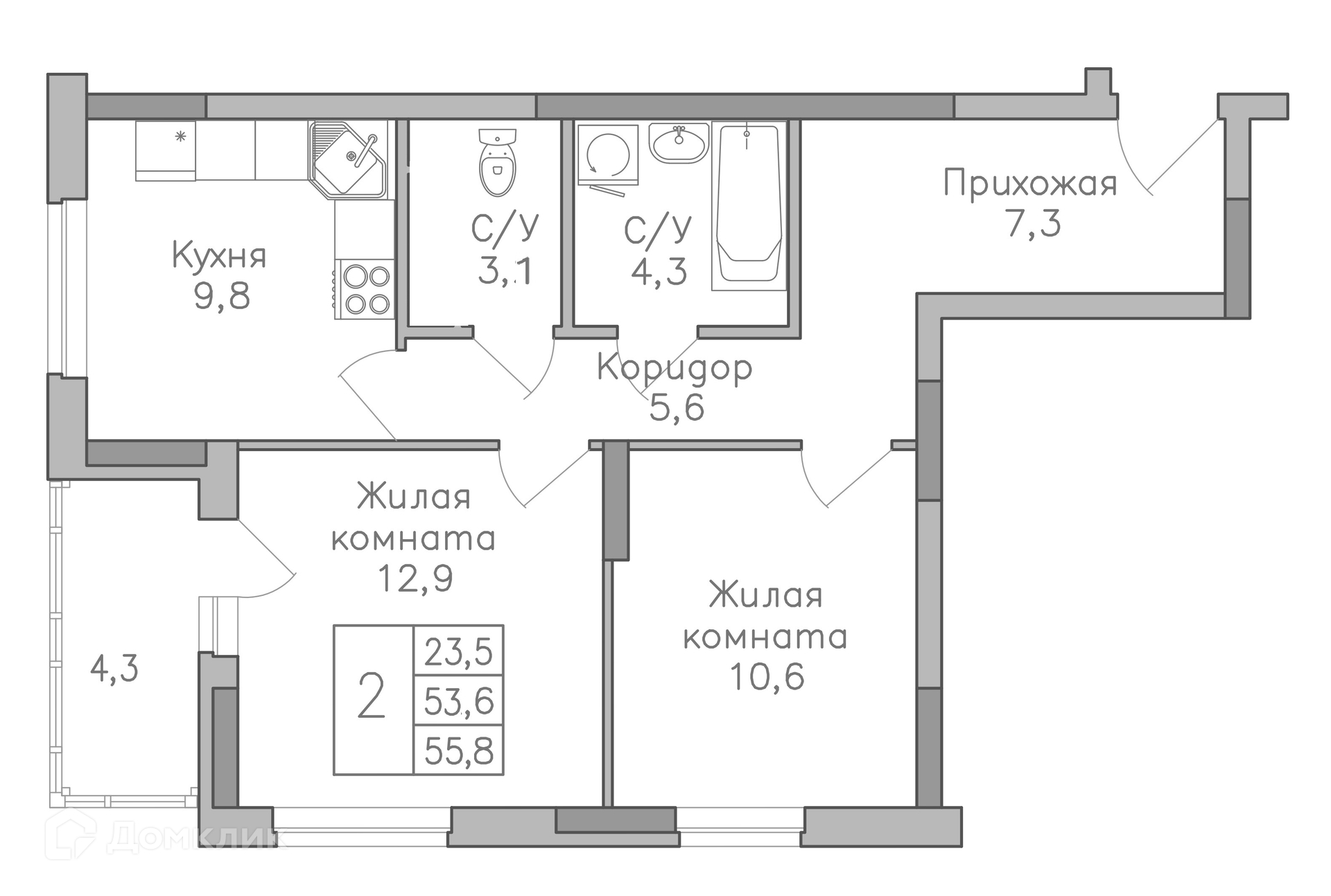 Планировка 2-комн. в ЖК «Поколение»