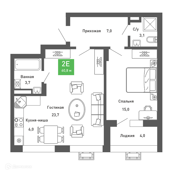 Планировка 2-комн. в ЖК «Ключи-club»