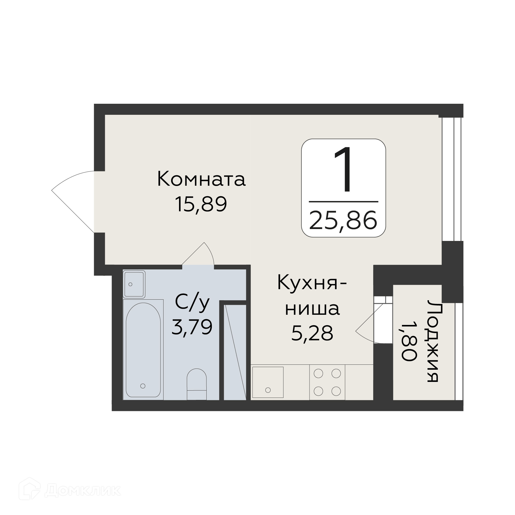 Планировка 1-комн. в ЖК «Клубный дом Люмен»