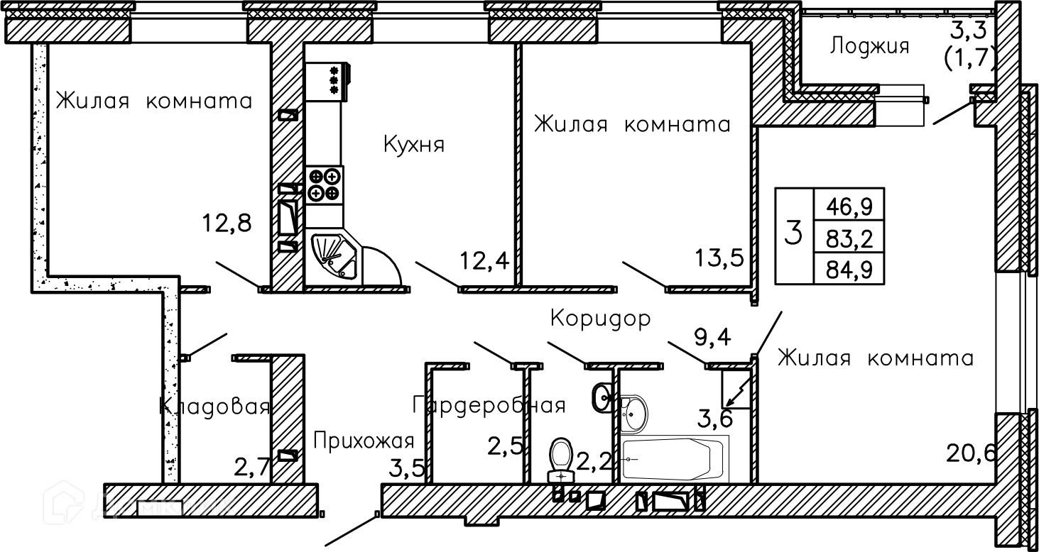 Планировка 3-комн. в ЖК «Перемена»