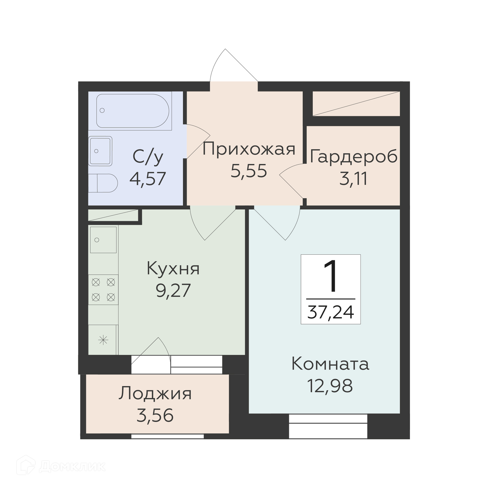 Планировка 1-комн. в ЖК «Суворов-сити 2»