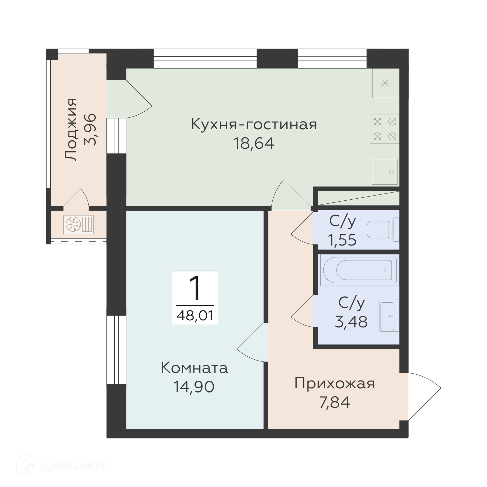 Планировка 1-комн. в ЖК «Аэро Сити»