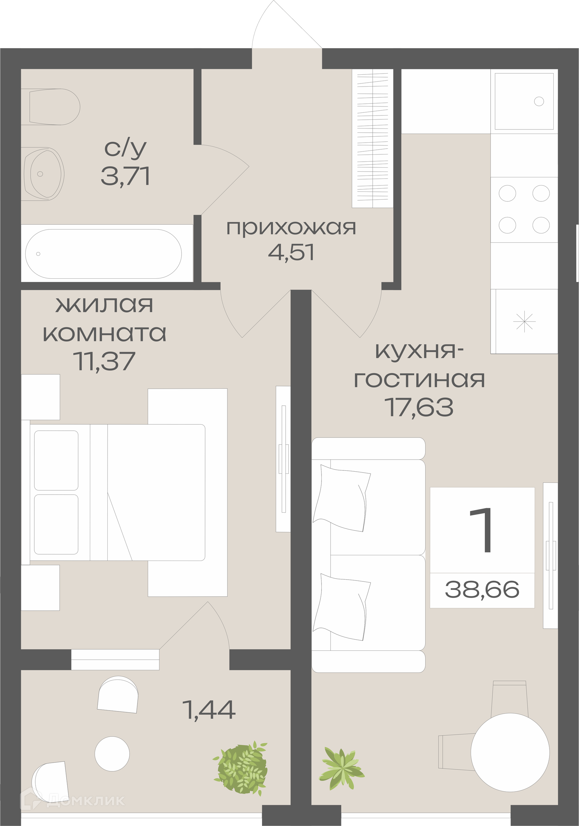 Планировка 1-комн. в ЖК «Дом у Ротонды»