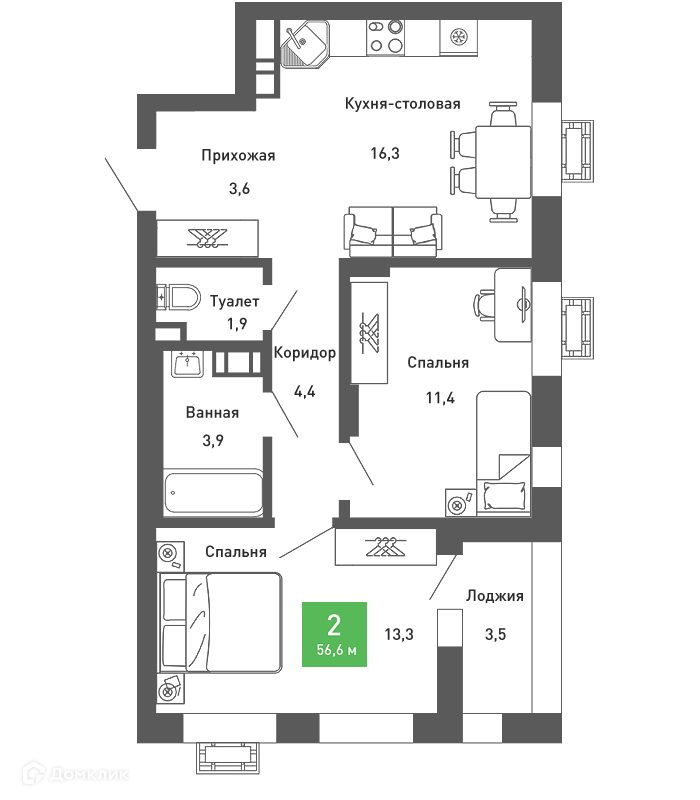 Планировка 2-комн. в ЖК «Ключи-club»