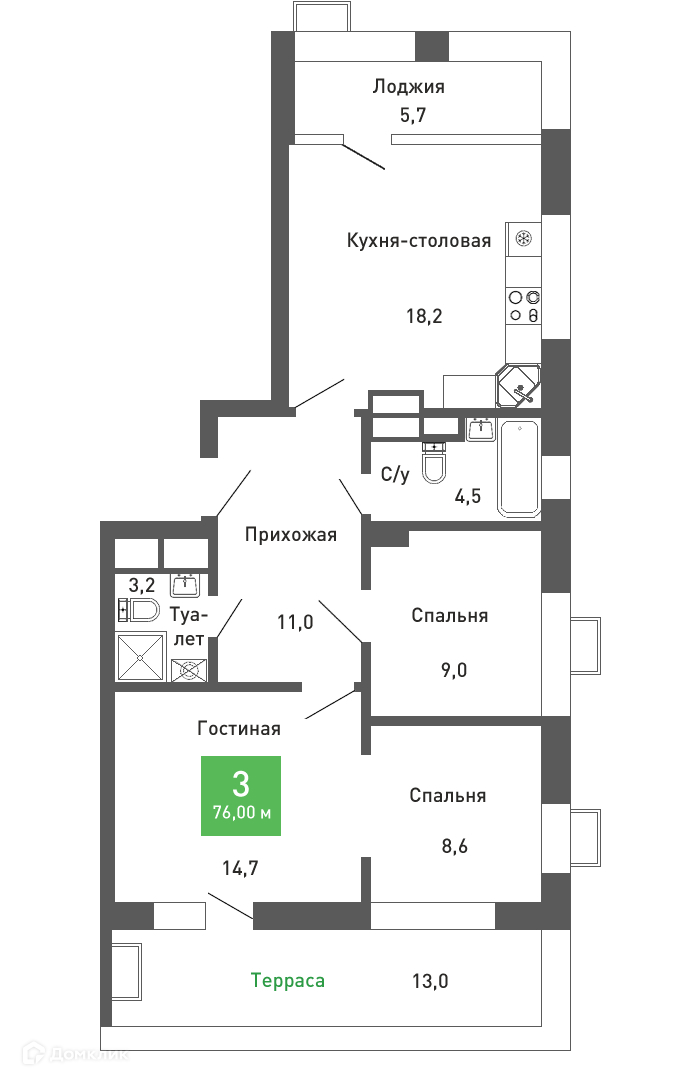 Планировка 3-комн. в ЖК «Ключи-club»