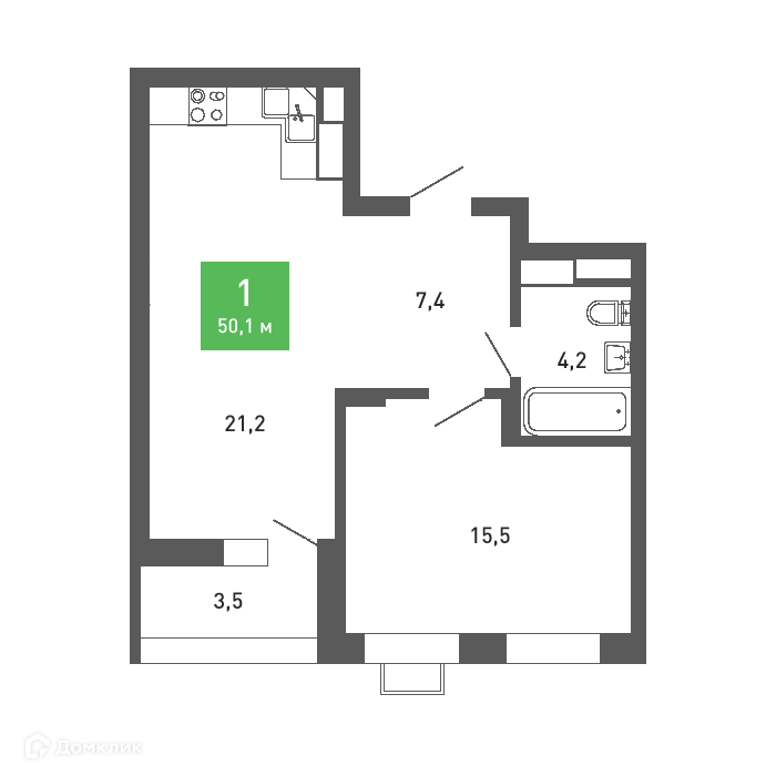 Планировка 1-комн. в ЖК «Ключи-club»