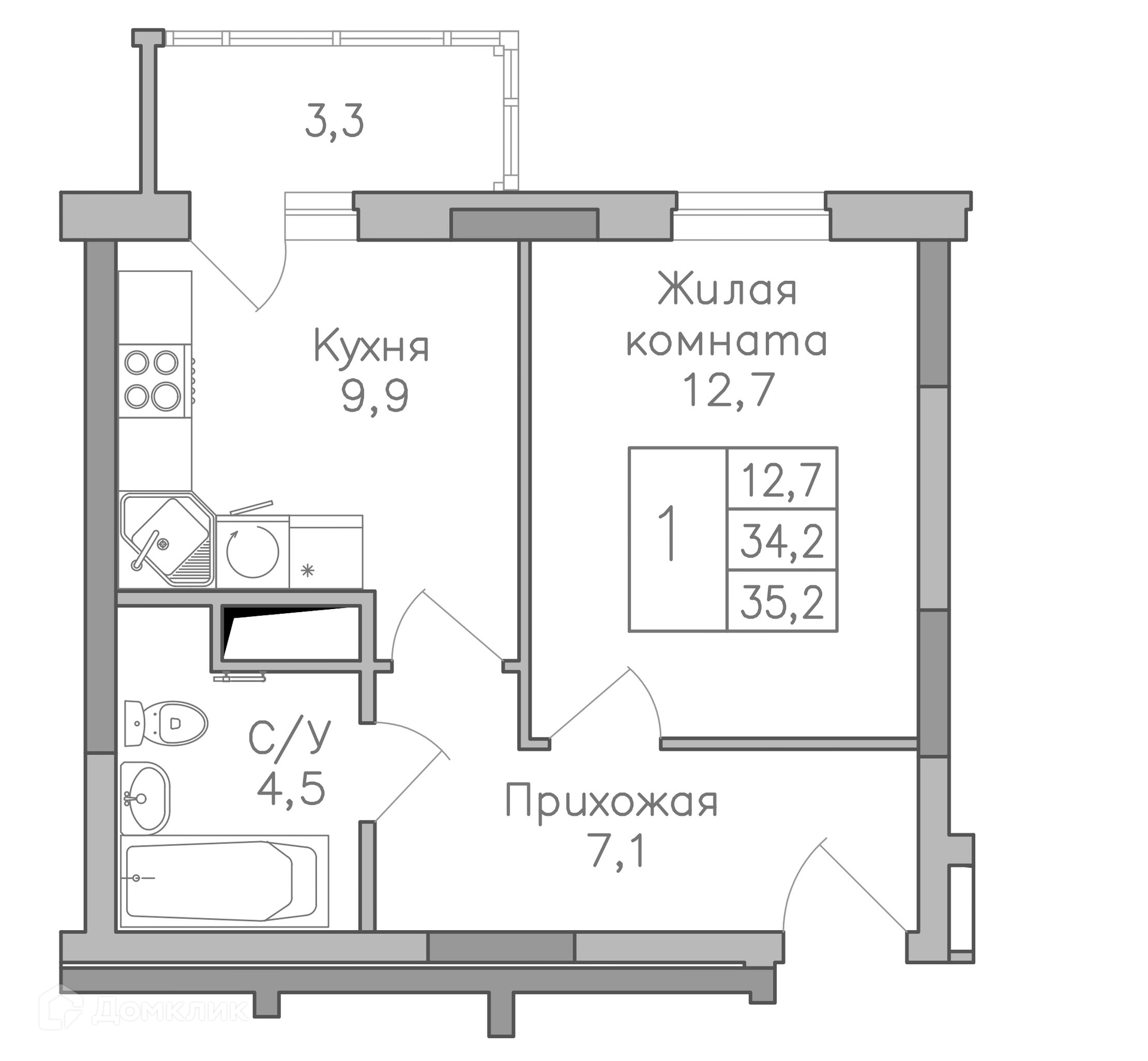 Планировка 1-комн. в ЖК «Поколение»