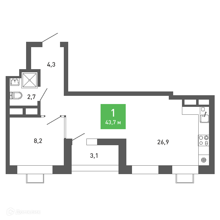 Планировка 1-комн. в ЖК «Ключи-club»