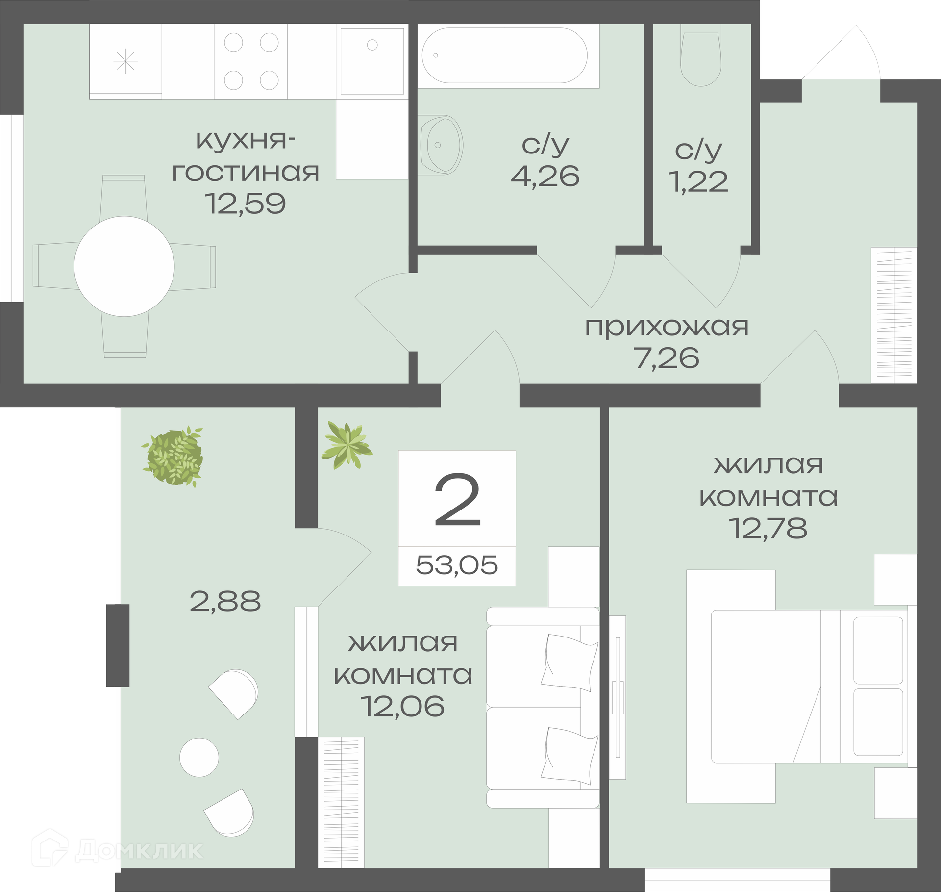 Планировка 2-комн. в ЖК «Дом у Ротонды»