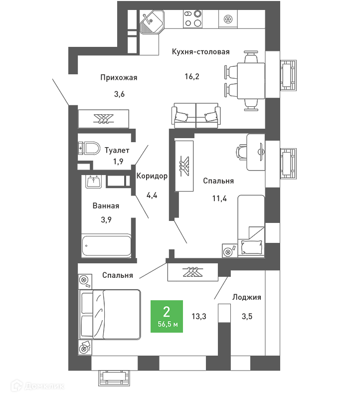 Планировка 2-комн. в ЖК «Ключи-club»