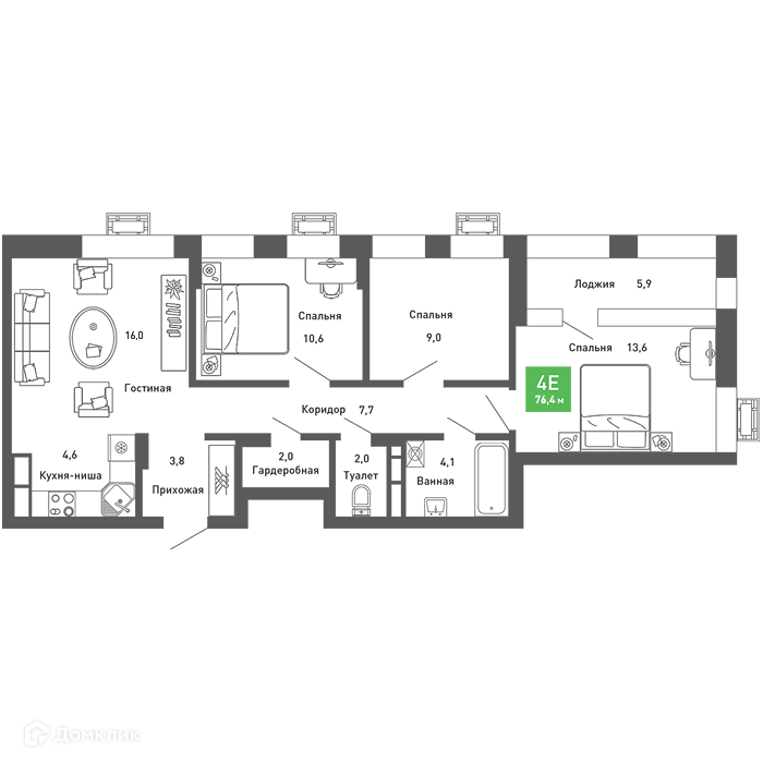 Планировка 4-комн. в ЖК «Ключи-club»