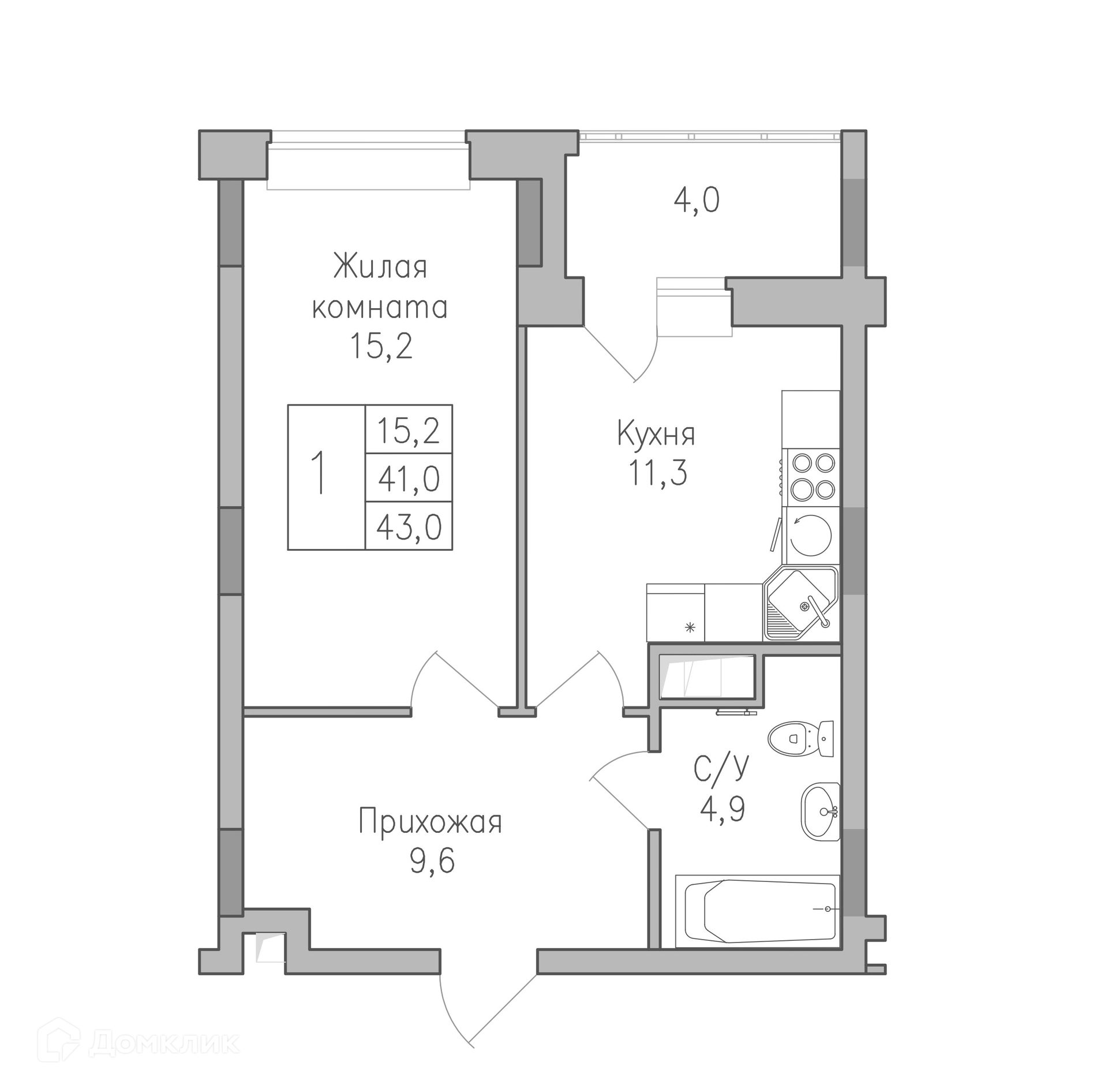 Планировка 1-комн. в ЖК «Поколение»