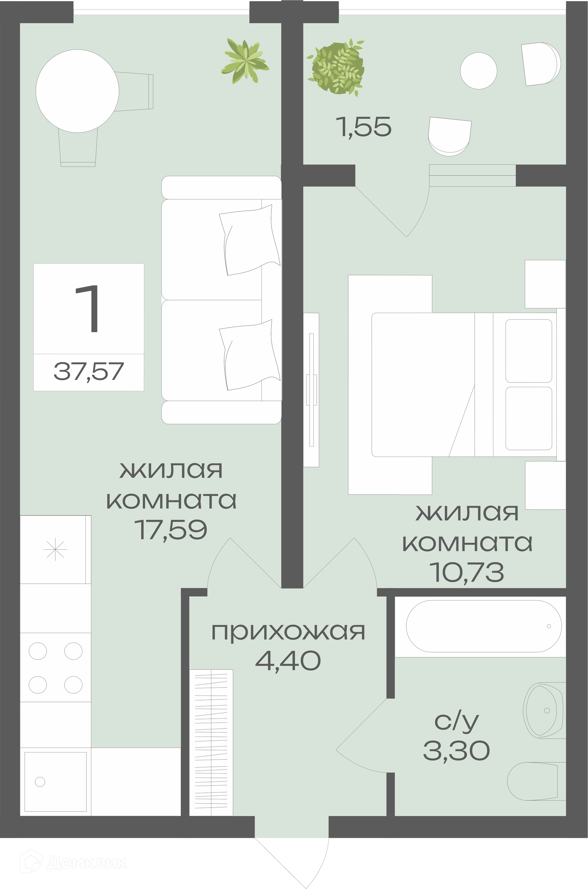 Планировка 1-комн. в ЖК «Дом у Ротонды»