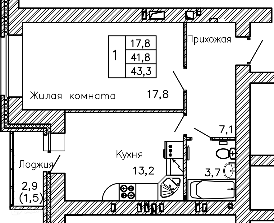 Планировка 1-комн. в ЖК «Перемена»