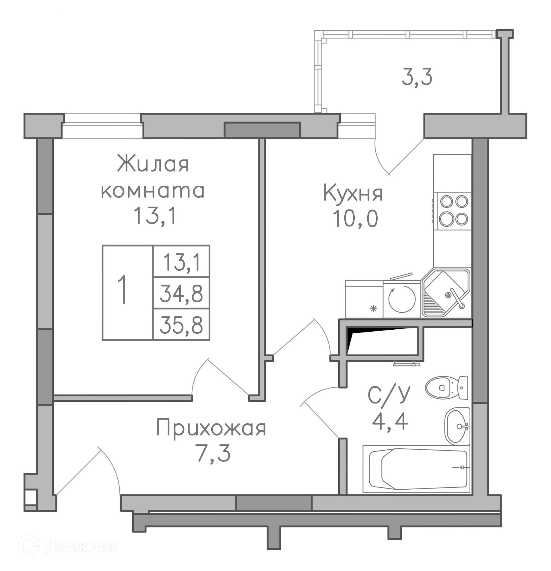 Планировка 1-комн. в ЖК «Поколение»