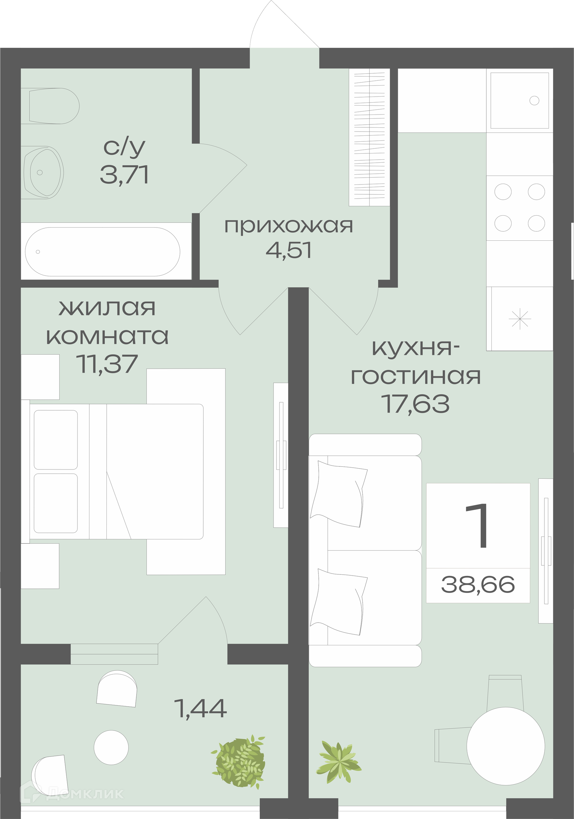 Планировка 1-комн. в ЖК «Дом у Ротонды»