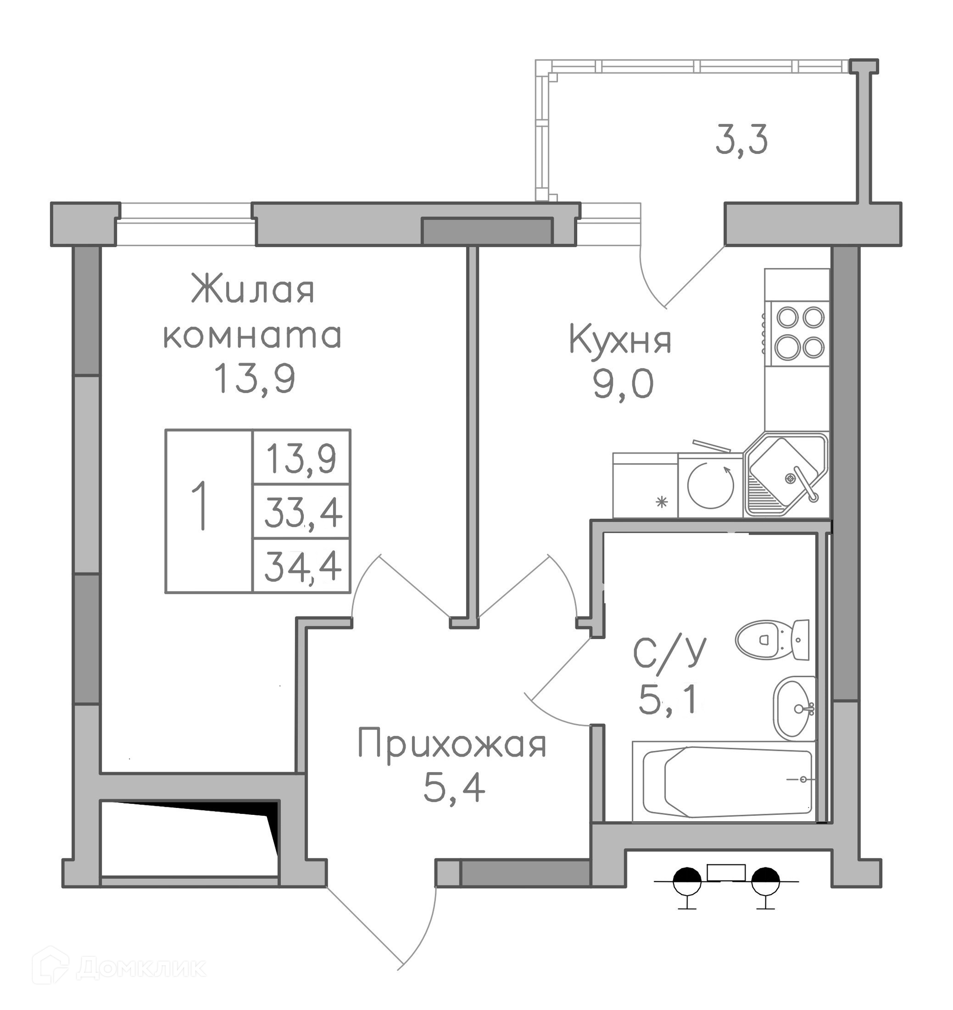 Планировка 1-комн. в ЖК «Поколение»