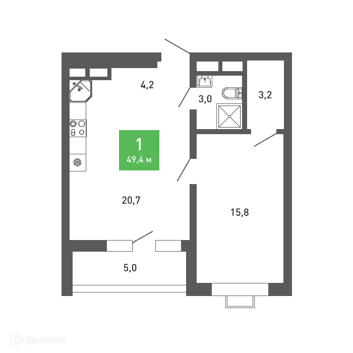 Планировка 1-комн. в ЖК «Ключи-club»