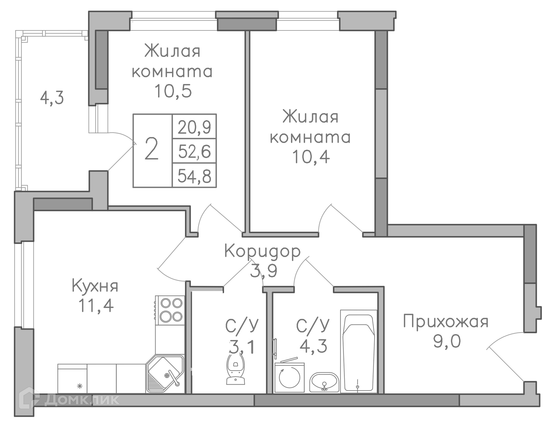 Планировка 2-комн. в ЖК «Поколение»