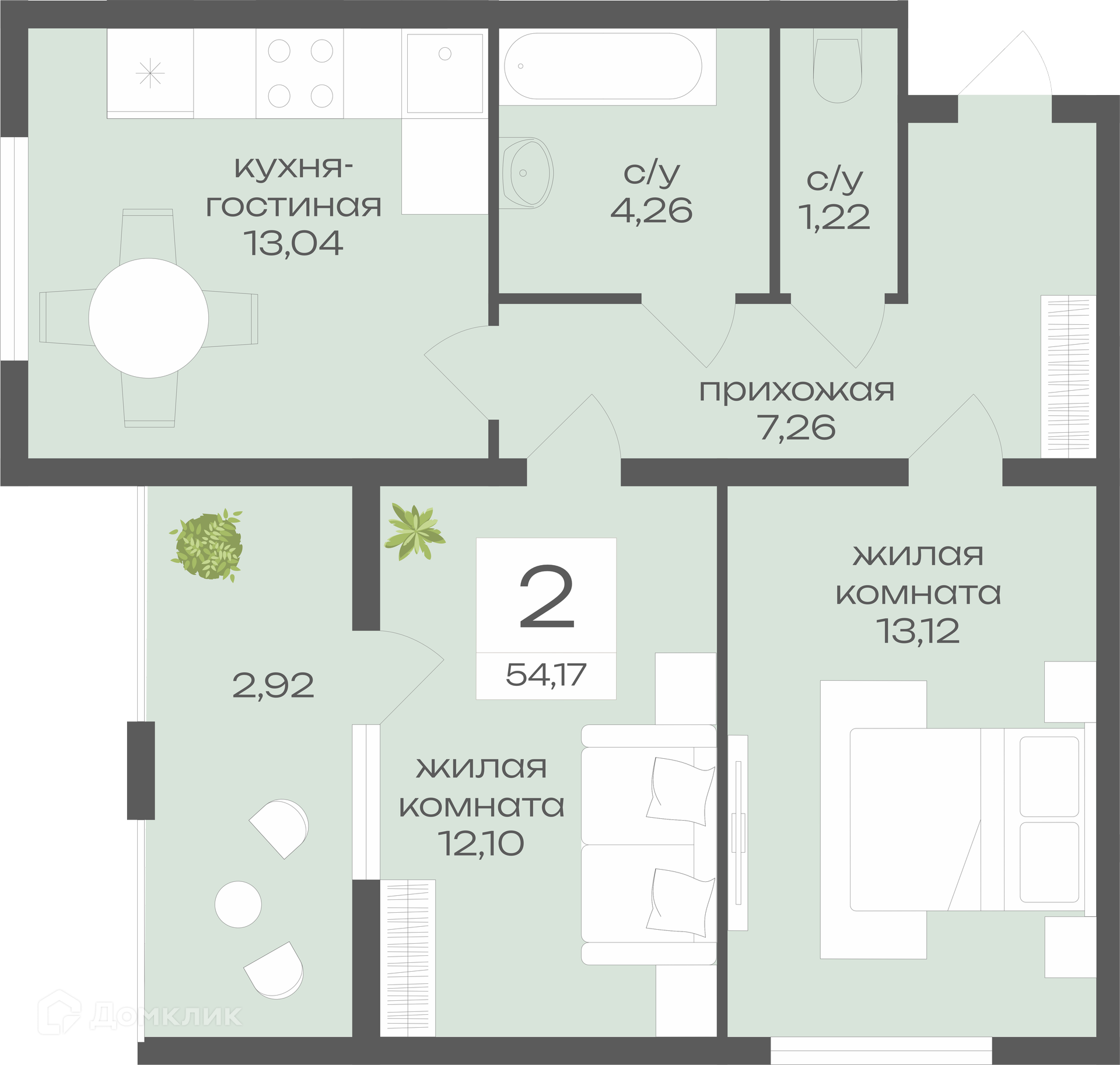 Планировка 2-комн. в ЖК «Дом у Ротонды»