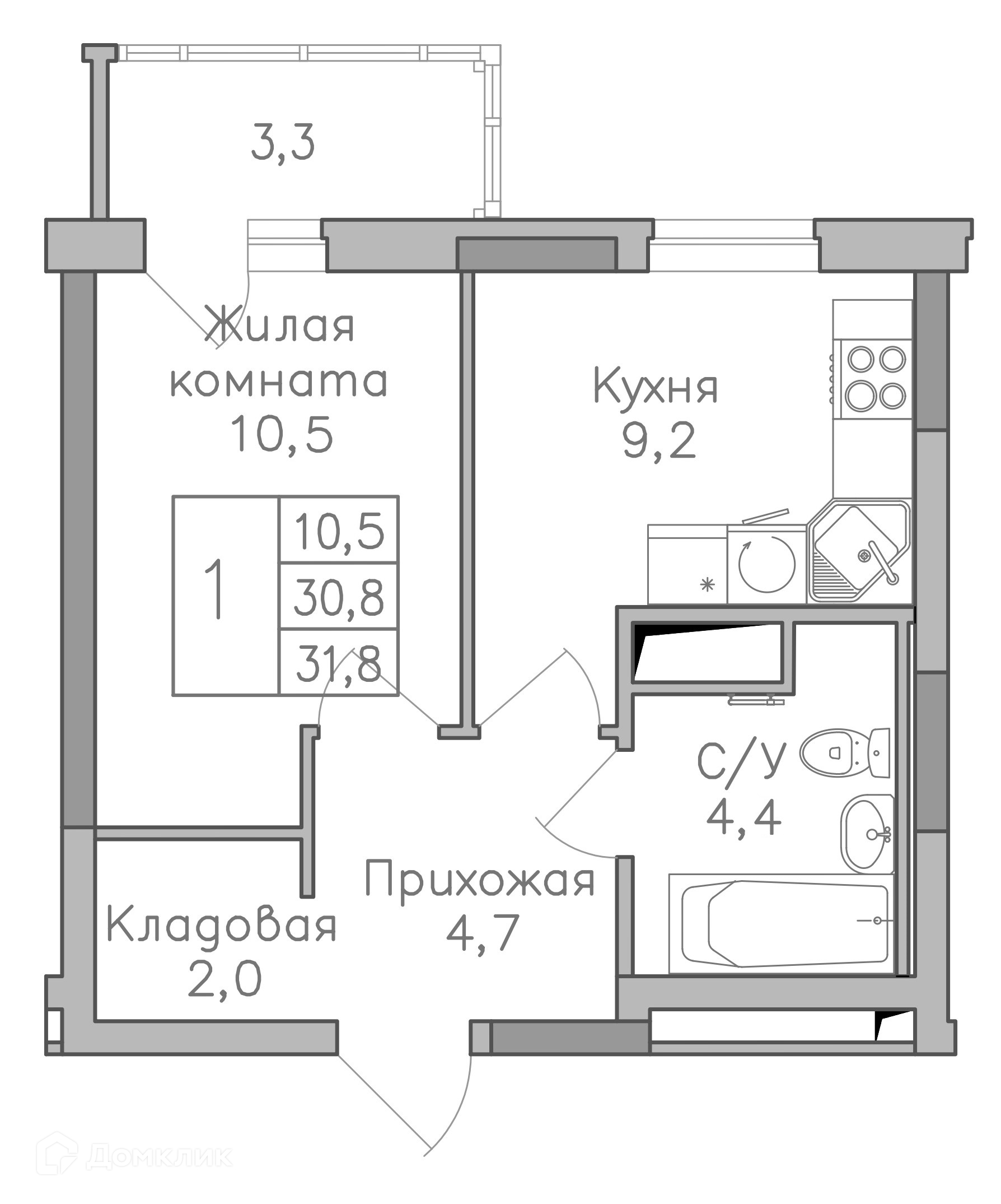 Планировка 1-комн. в ЖК «Поколение»
