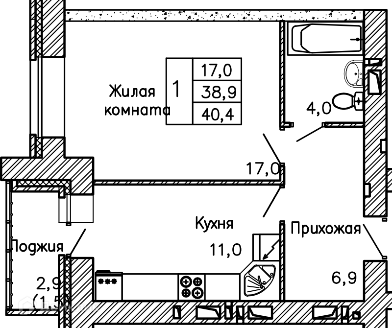 Планировка 1-комн. в ЖК «Перемена»