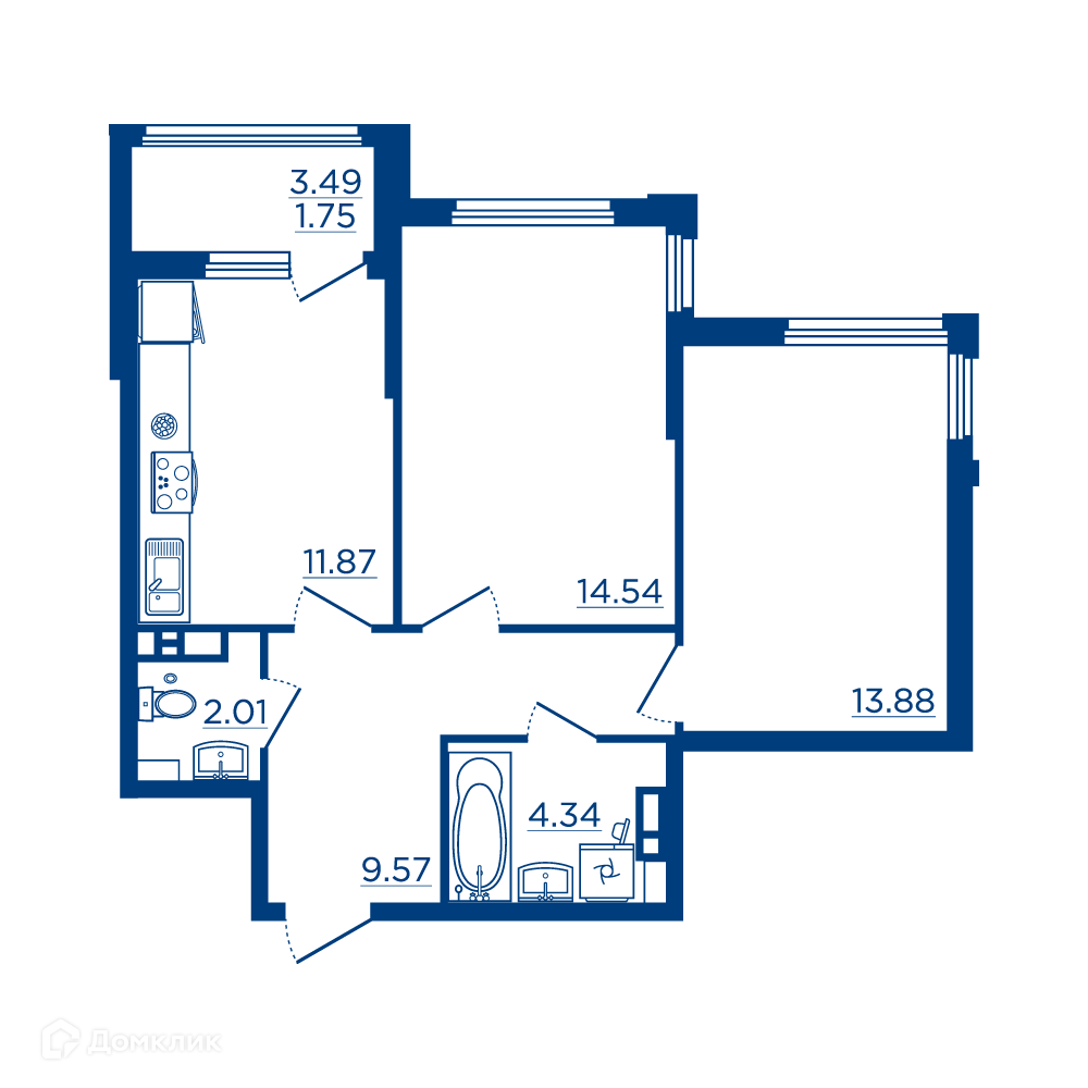 Планировка 2-комн. в ЖК «Городские сады»