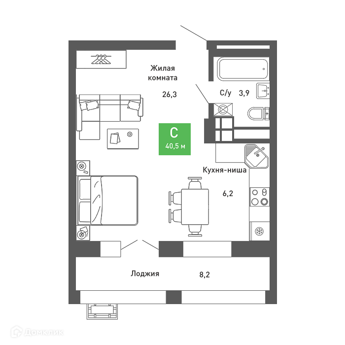 Планировка Студия в ЖК «Ключи-club»