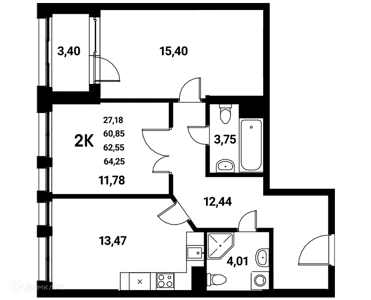 Планировка 2-комн. в ЖК «Z-town»