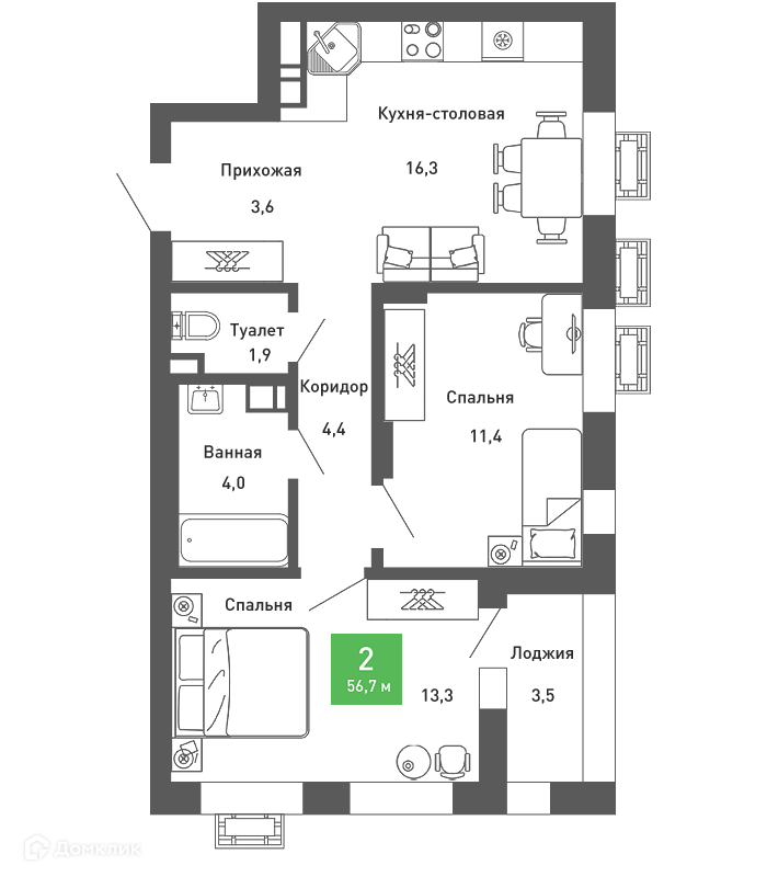 Планировка 2-комн. в ЖК «Ключи-club»
