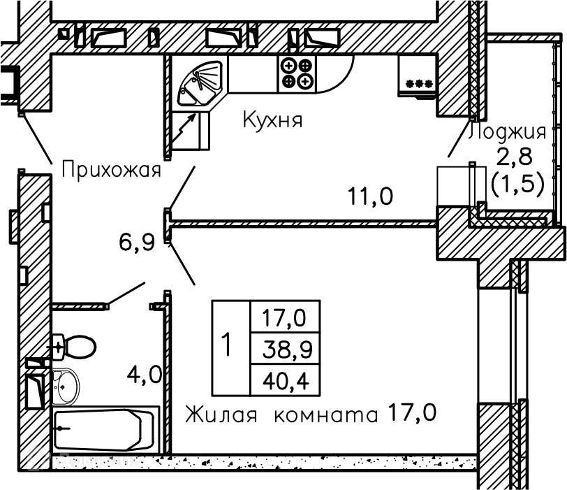 Планировка 1-комн. в ЖК «Перемена»