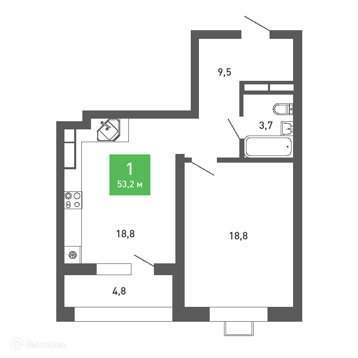 Планировка 1-комн. в ЖК «Ключи-club»