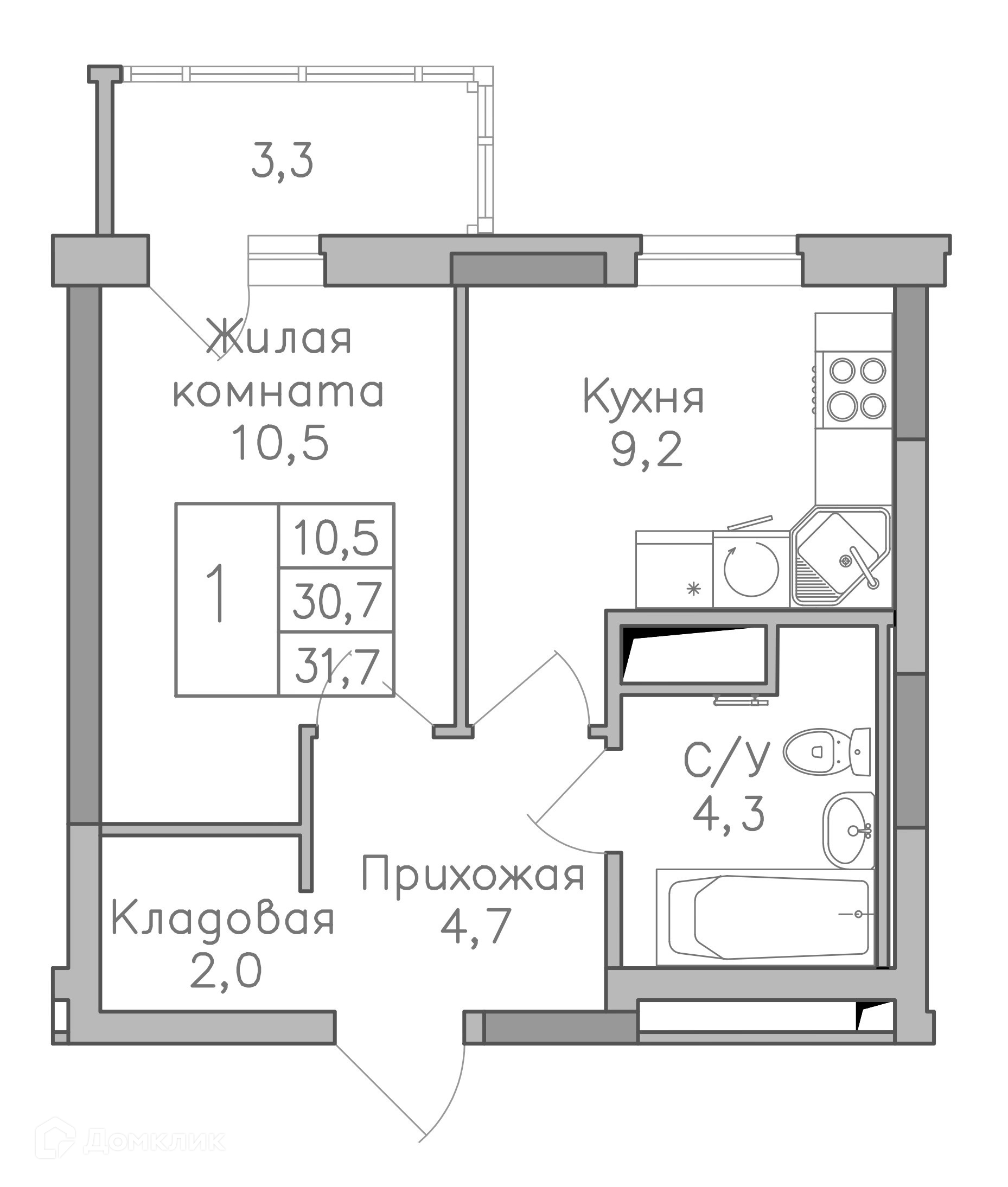 Планировка 1-комн. в ЖК «Поколение»