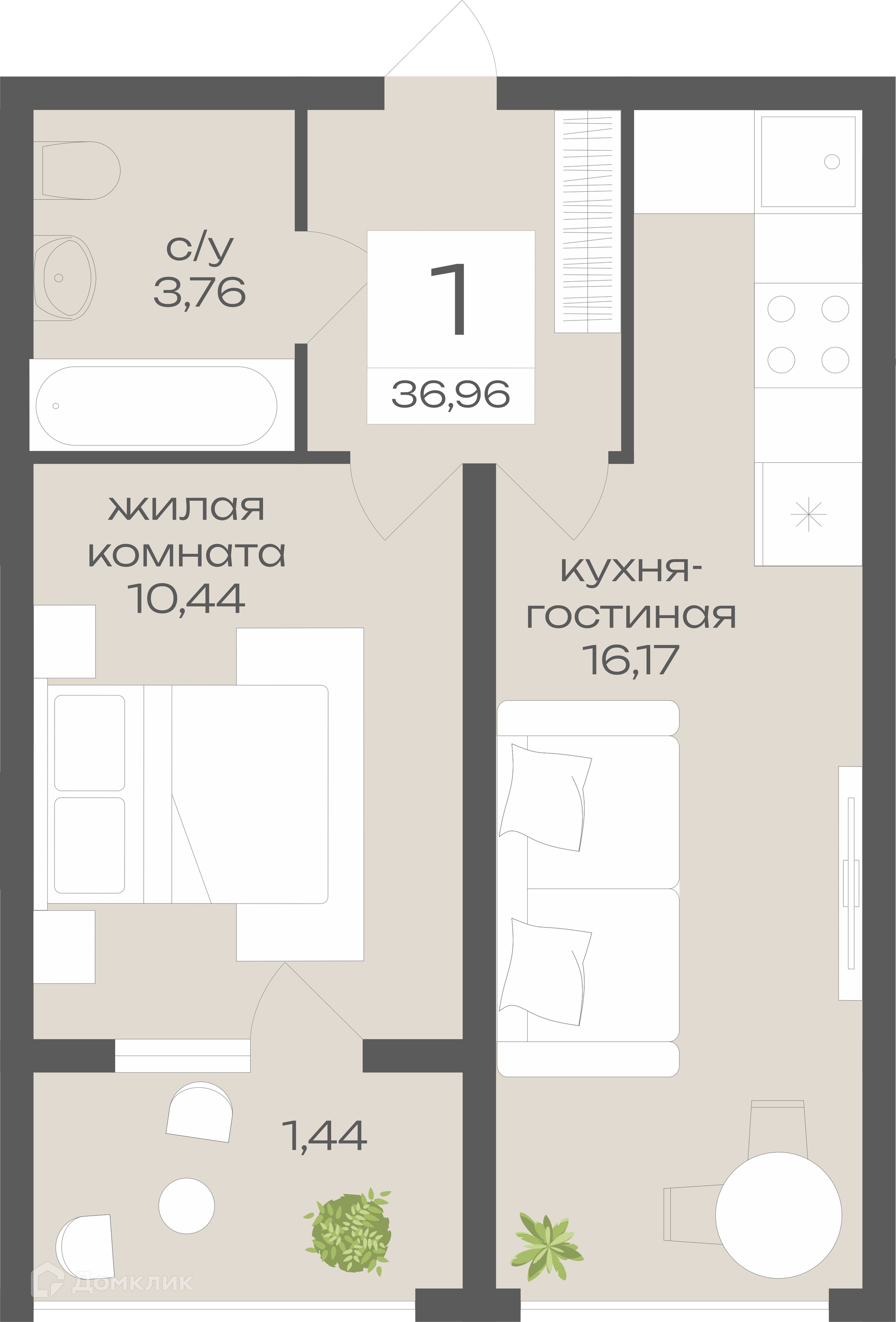 Планировка 1-комн. в ЖК «Дом у Ротонды»