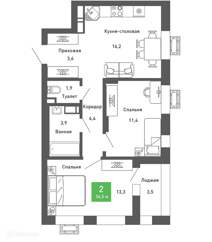 Планировка 2-комн. в ЖК «Ключи-club»