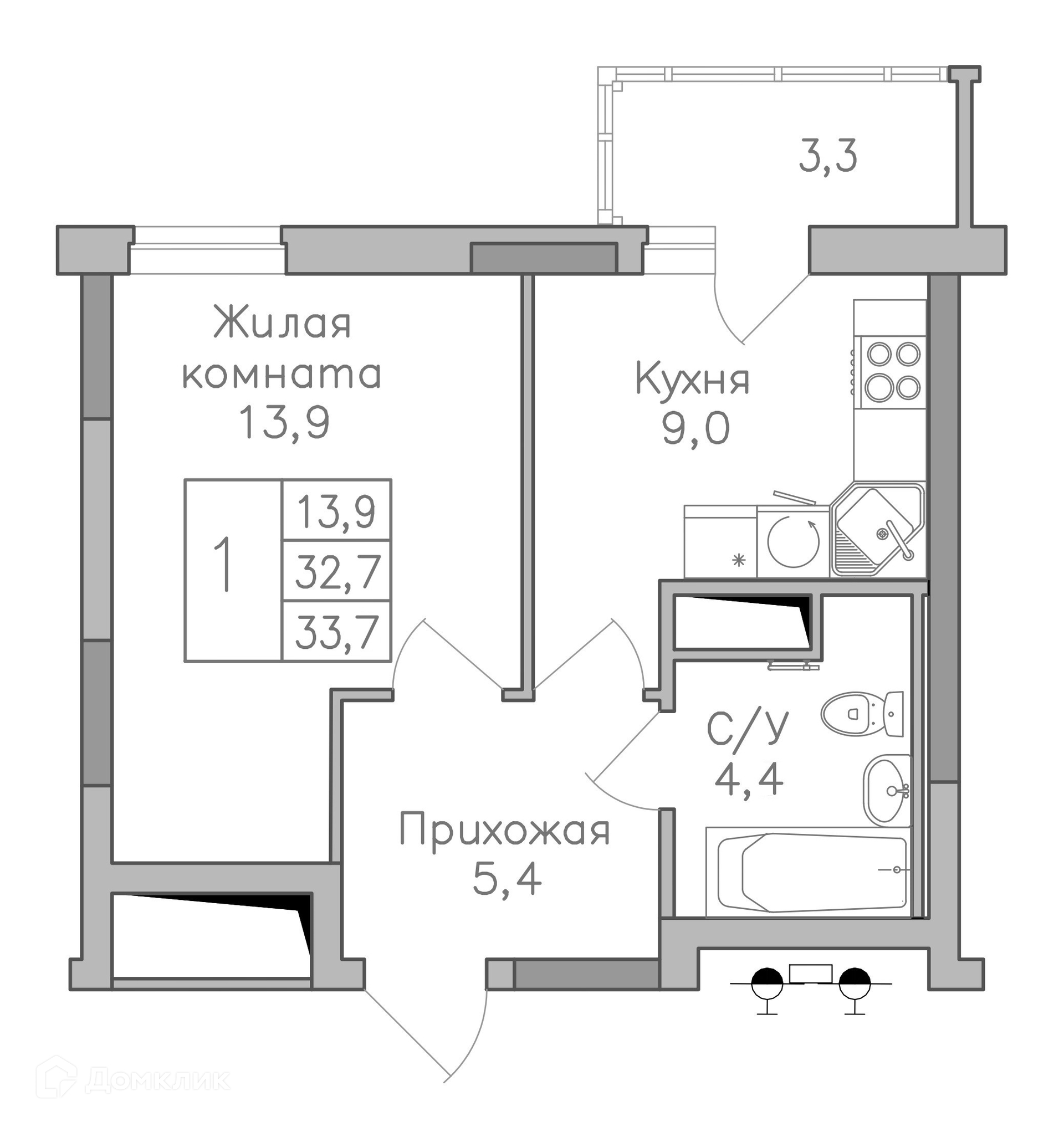 Планировка 1-комн. в ЖК «Поколение»
