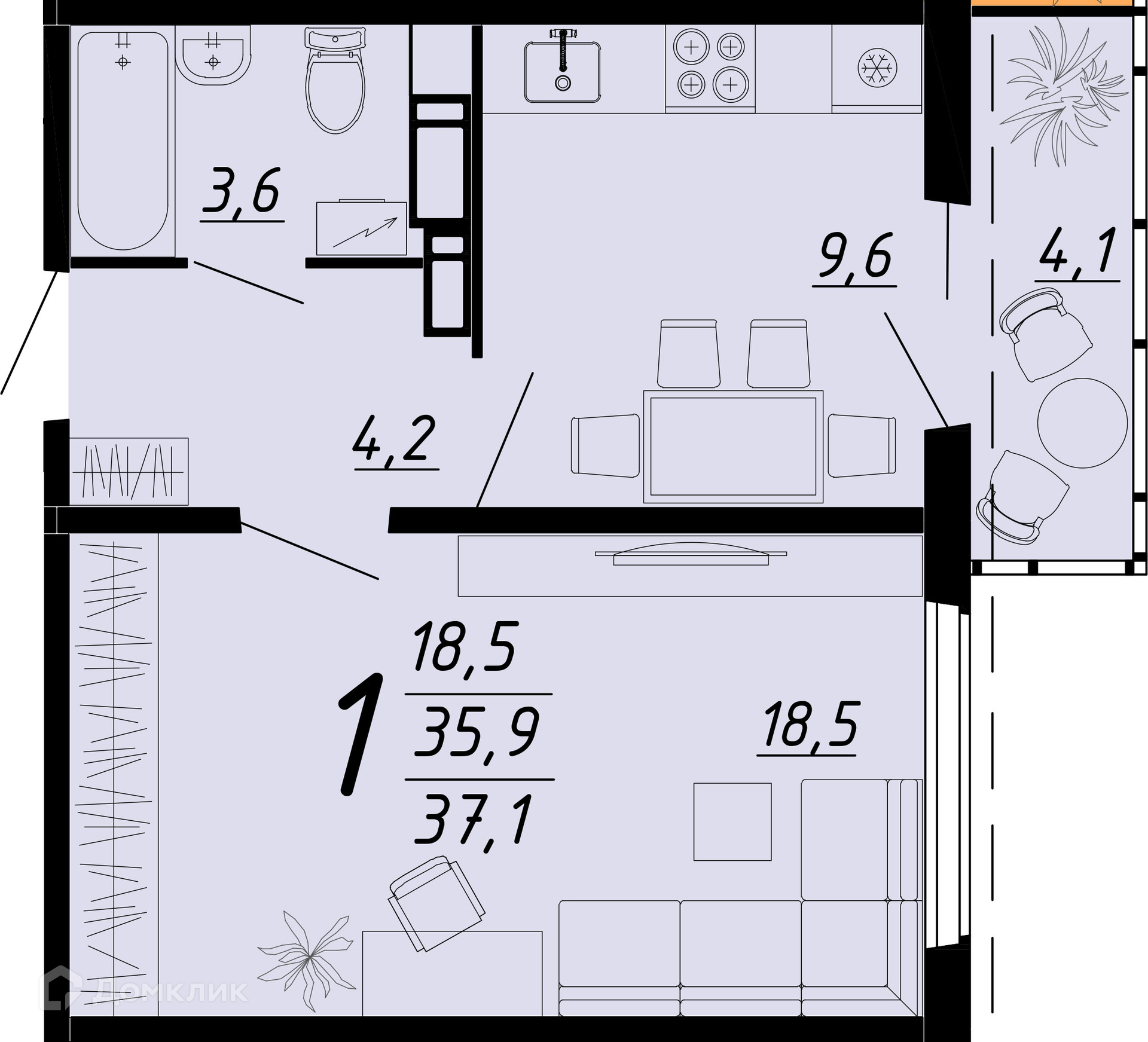 Планировка 1-комн. в ЖК «Ласточкино»