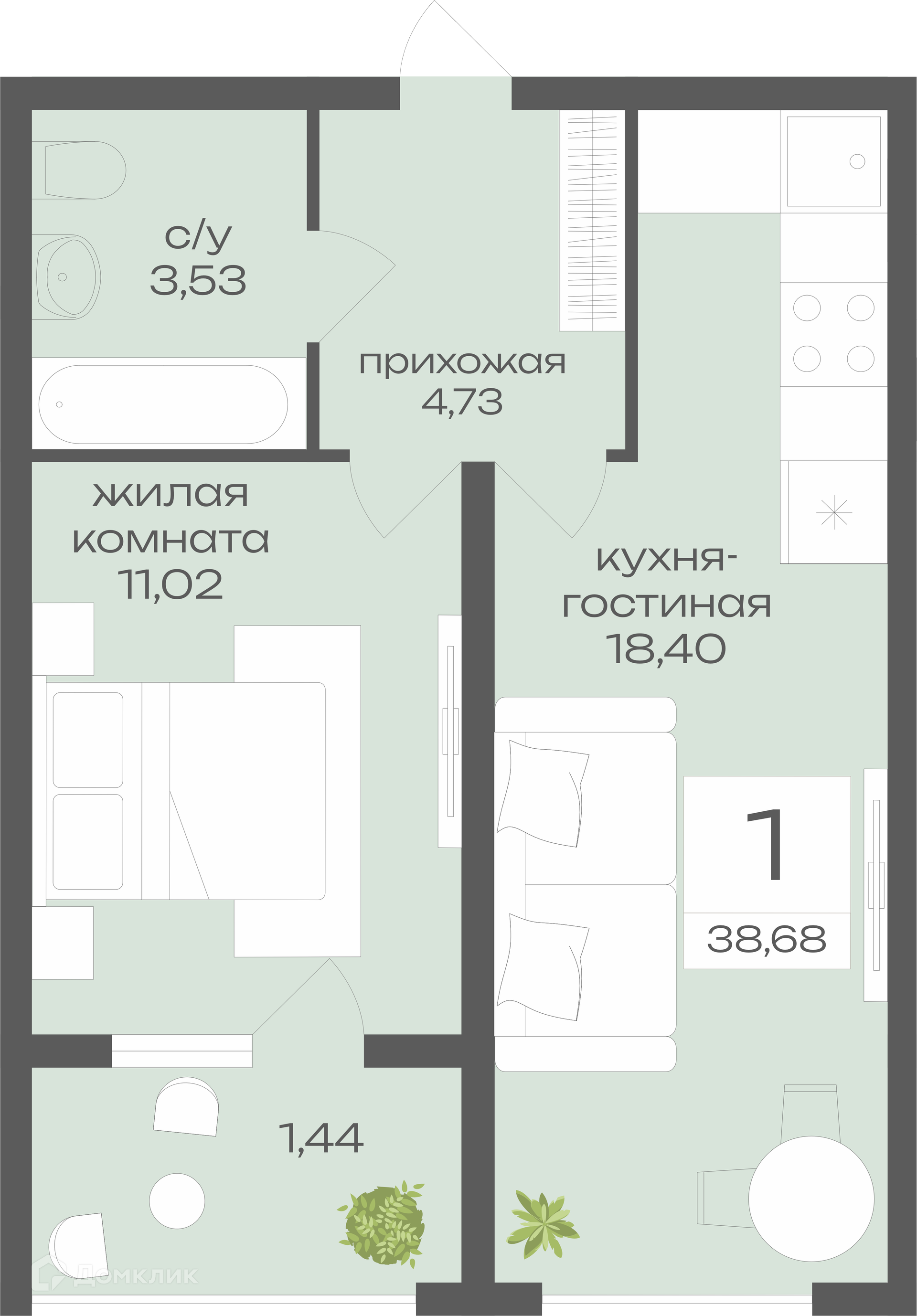 Планировка 1-комн. в ЖК «Дом у Ротонды»