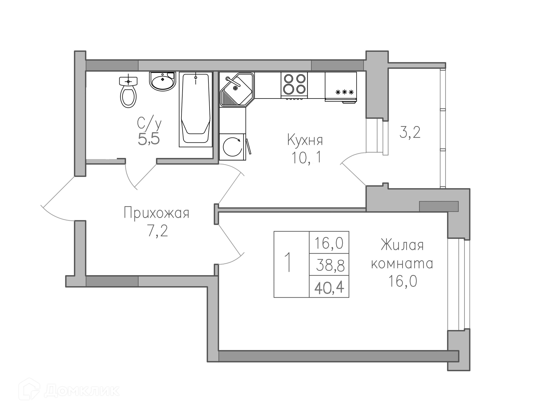 Планировка 1-комн. в ЖК «Поколение»