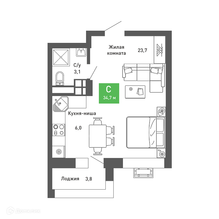 Планировка Студия в ЖК «Ключи-club»