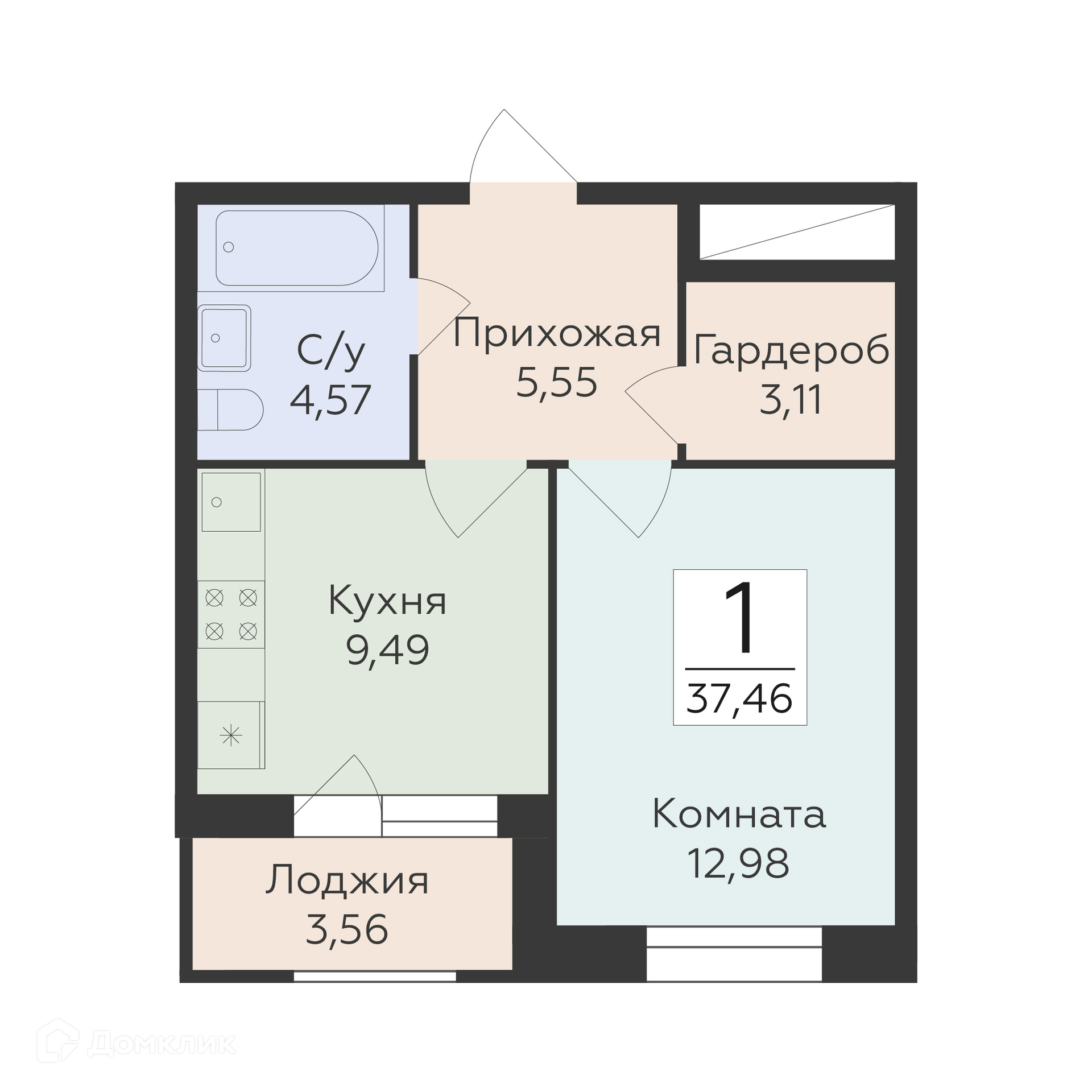 Планировка 1-комн. в ЖК «Суворов-сити 2»