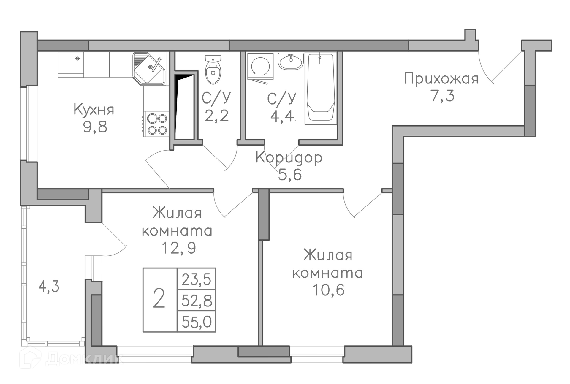 Планировка 2-комн. в ЖК «Поколение»