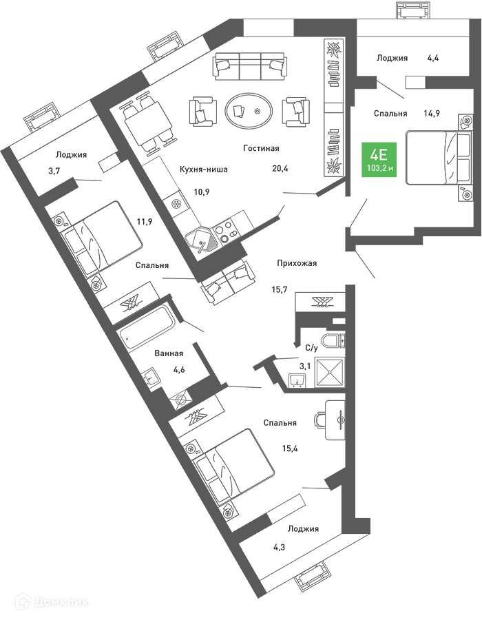Планировка 4-комн. в ЖК «Ключи-club»