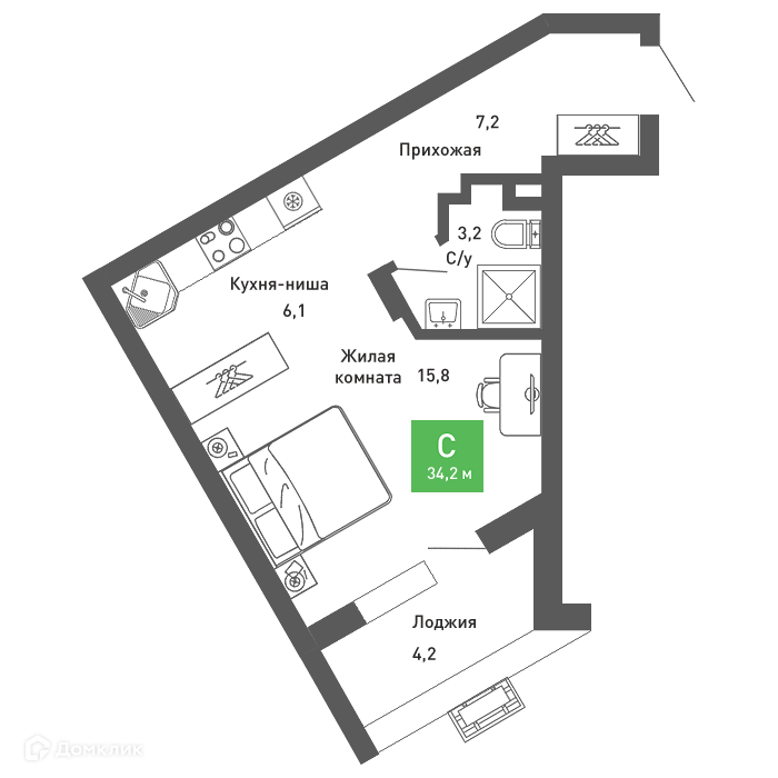 Планировка Студия в ЖК «Ключи-club»