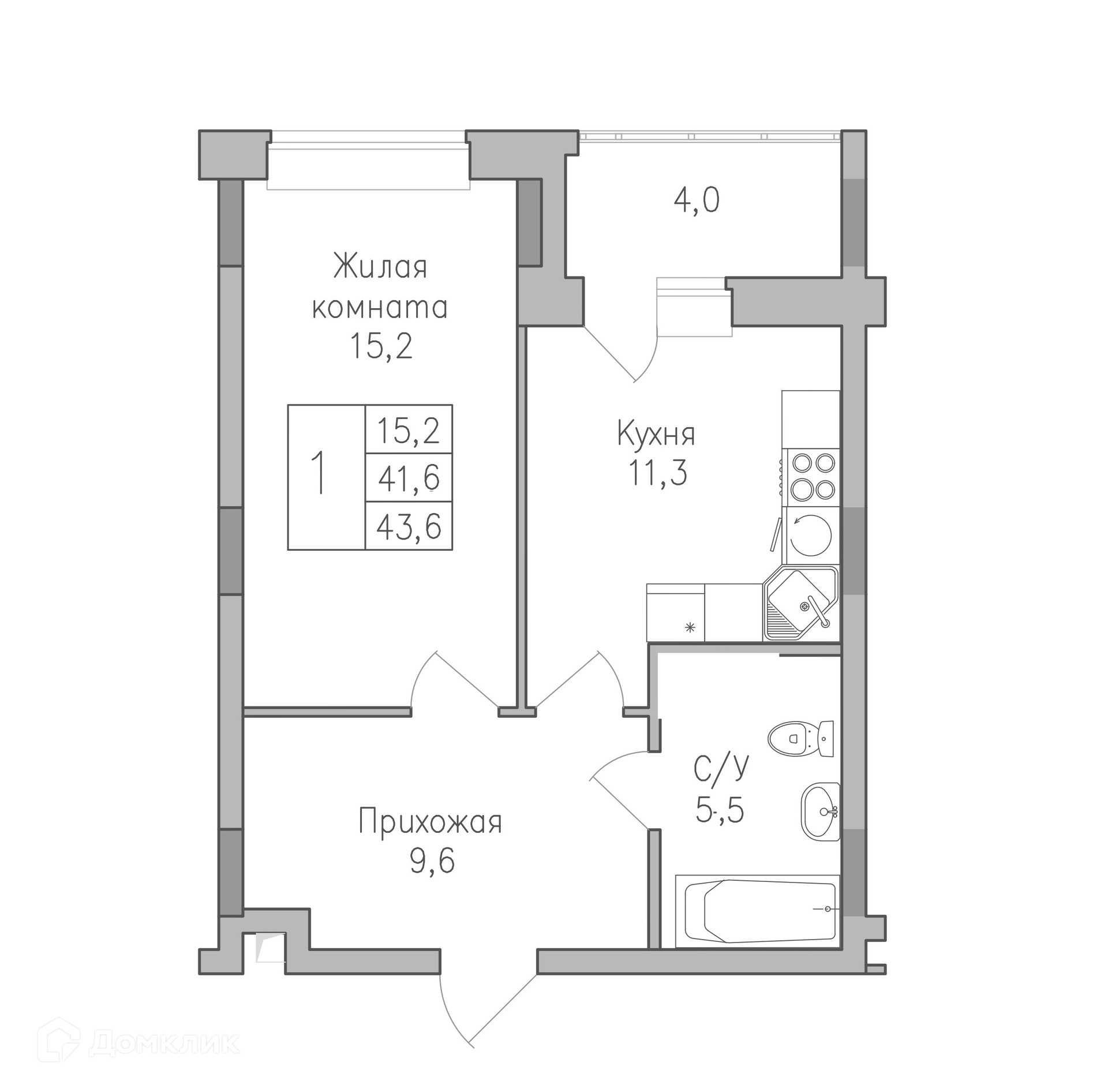 Планировка 1-комн. в ЖК «Поколение»