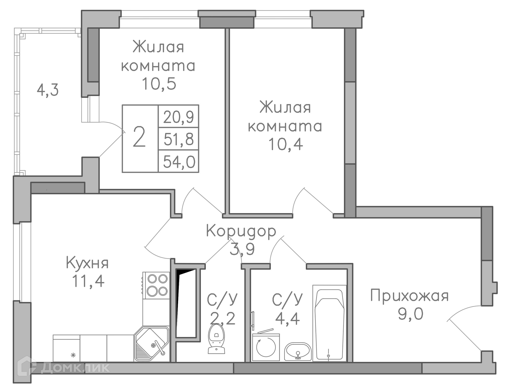 Планировка 2-комн. в ЖК «Поколение»